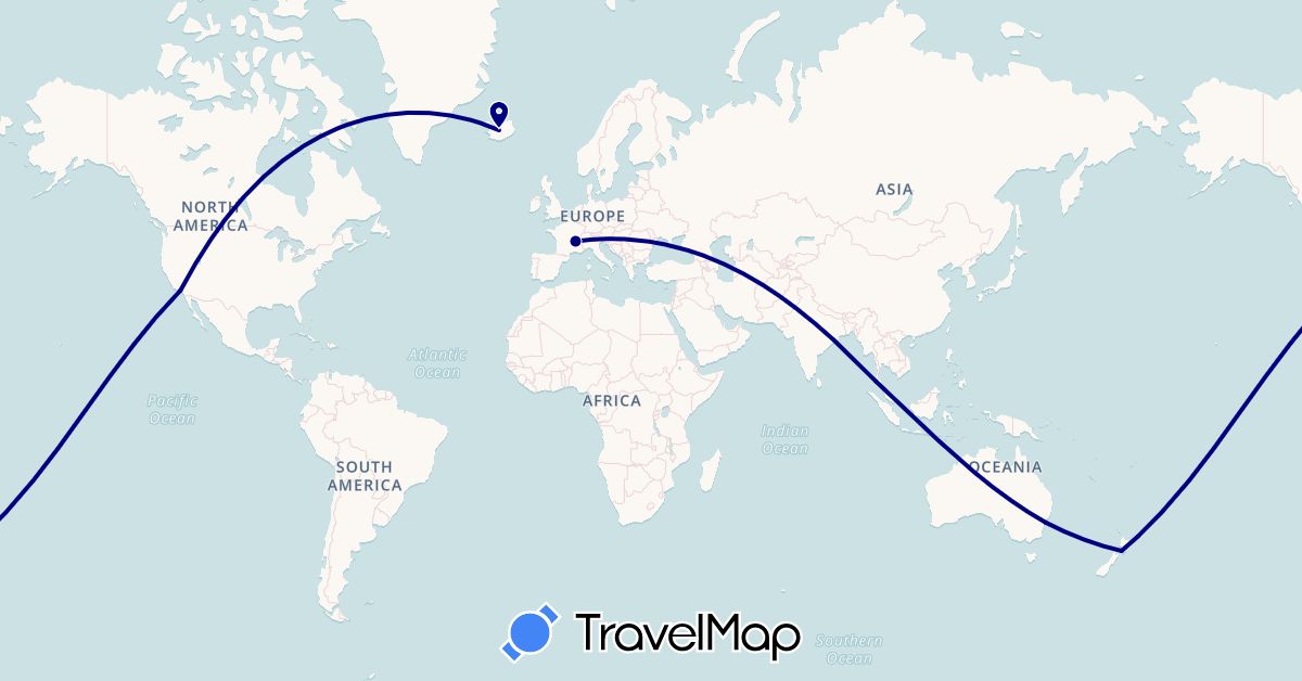 TravelMap itinerary: driving in Australia, France, Iceland, New Zealand, Thailand, United States (Asia, Europe, North America, Oceania)
